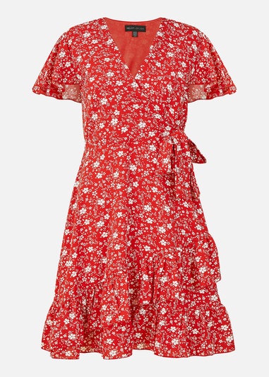 Mela Red Ditsy Floral Wrap Frill Dress