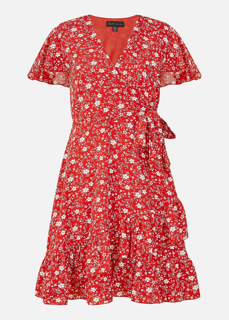 Mela Red Ditsy Floral Wrap Frill Dress