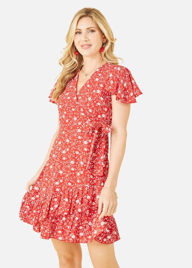 Mela Red Ditsy Floral Wrap Frill Dress