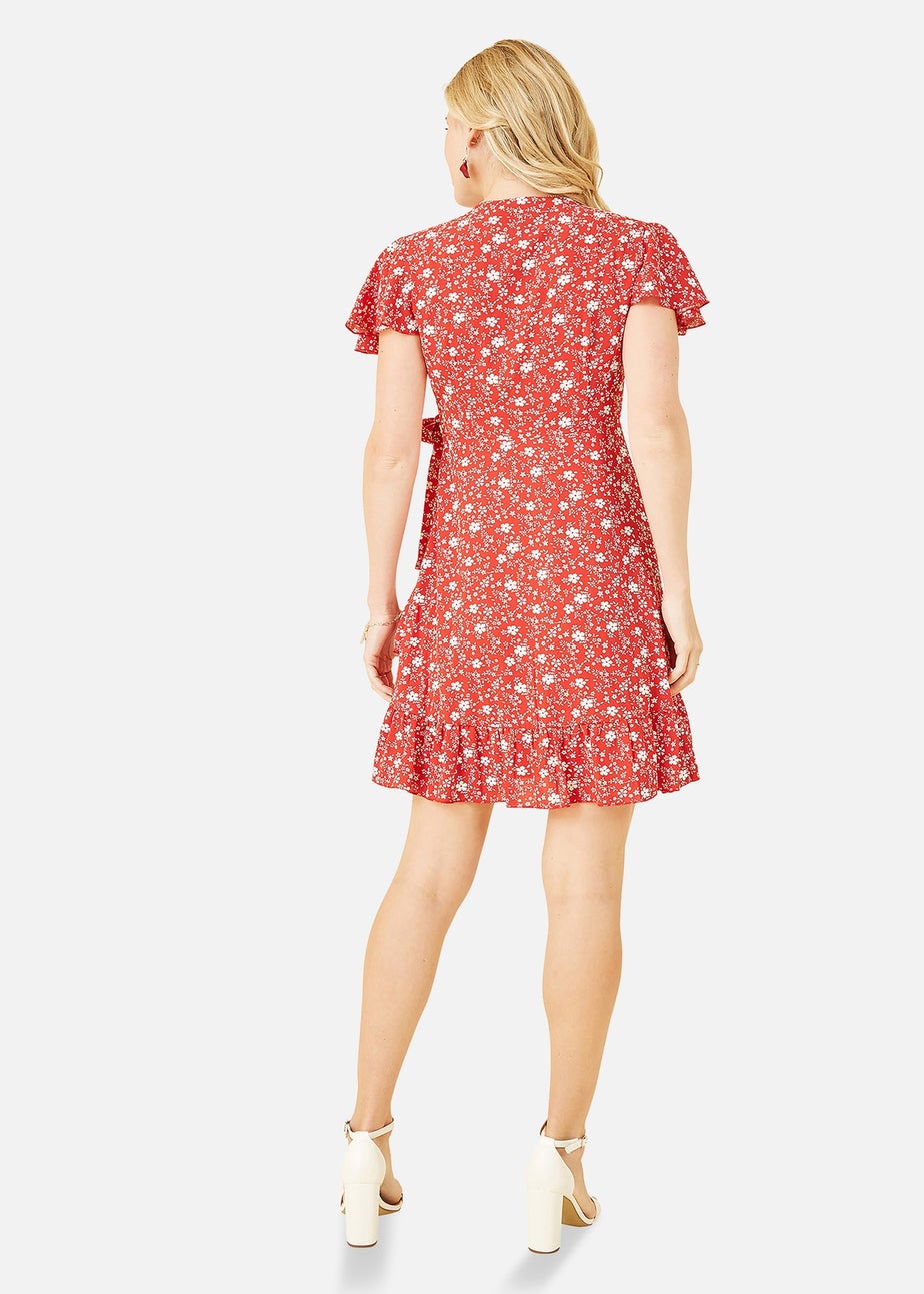 Mela Red Ditsy Floral Wrap Frill Dress