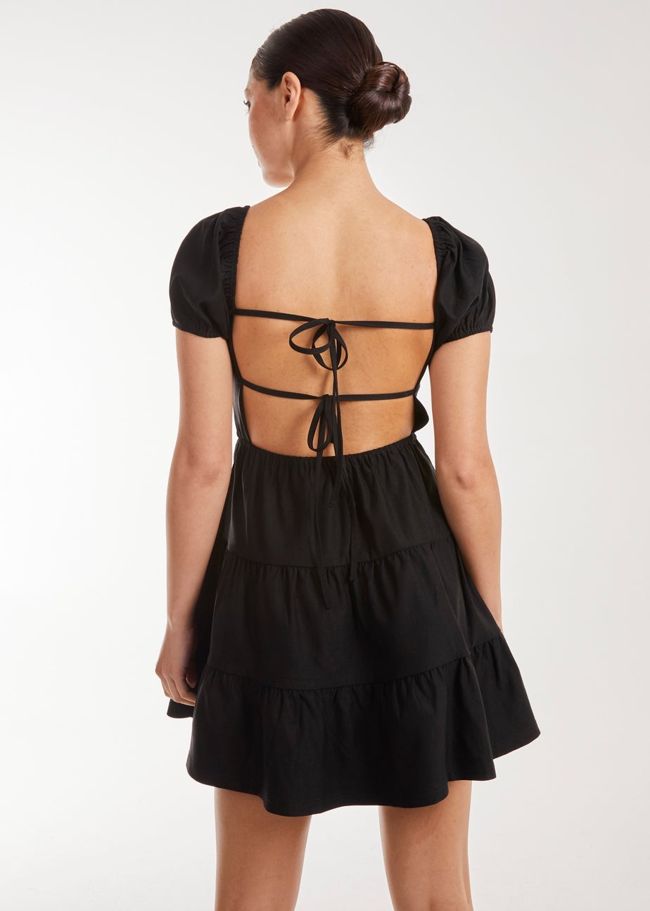 Pink Vanilla Black Puff Sleeve Peekaboo Tiered Mini Dress