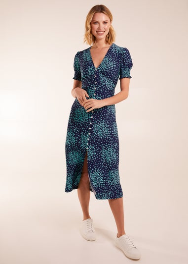 Blue Vanilla Navy Ditsy Floral Button Front Midi Dress