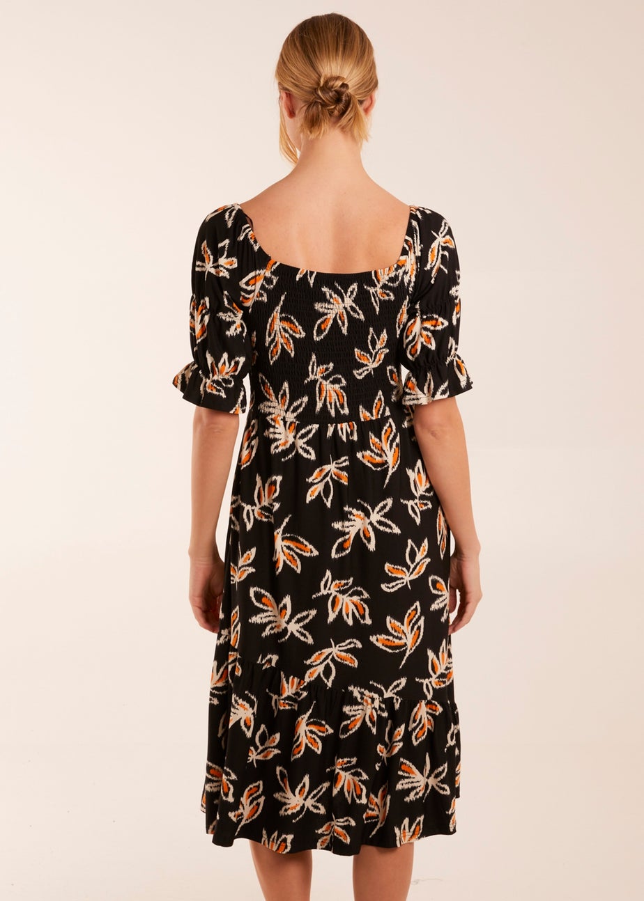 Blue Vanilla Black Tiered Puff Sleeve Abstract Print Shirred Midi Dress