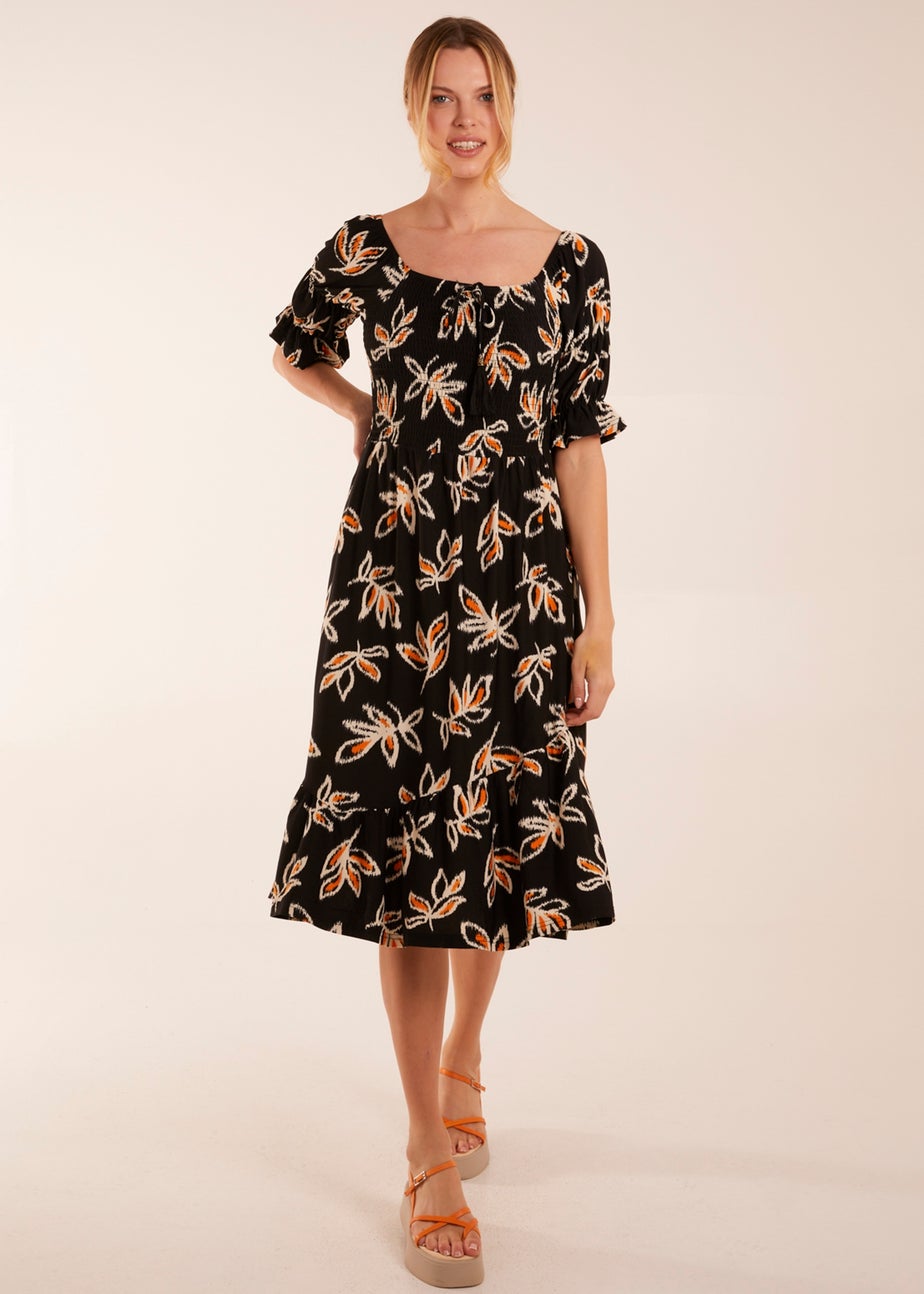 Blue Vanilla Black Tiered Puff Sleeve Abstract Print Shirred Midi Dress