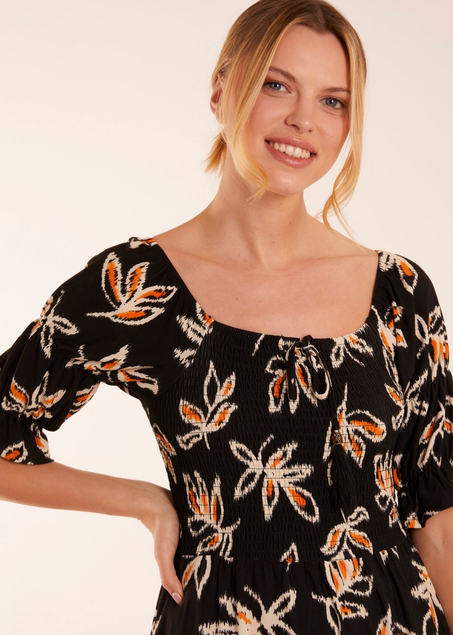 Blue Vanilla Black Tiered Puff Sleeve Abstract Print Shirred Midi Dress