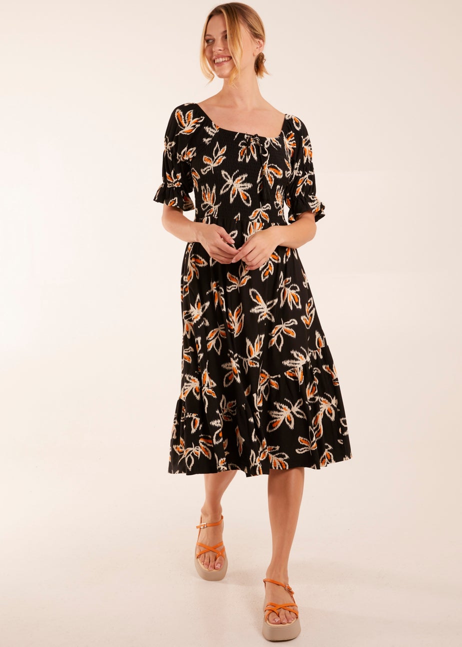 Blue Vanilla Black Tiered Puff Sleeve Abstract Print Shirred Midi Dress