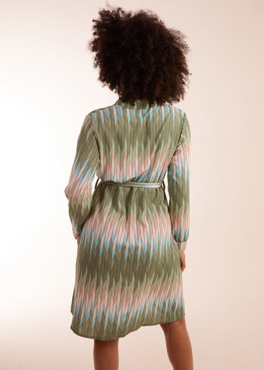 Blue Vanilla Khaki Zig Zag Print Shirt Dress