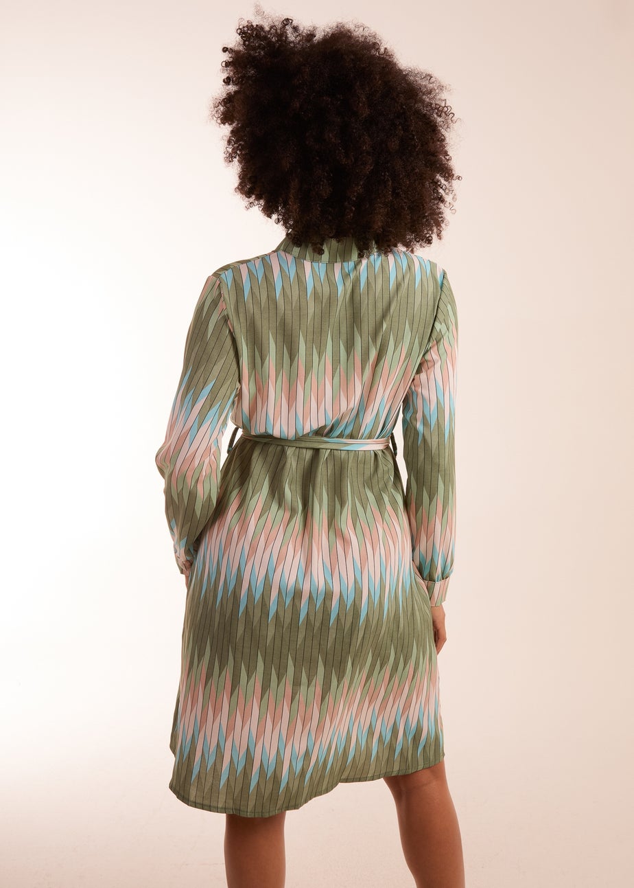 Blue Vanilla Khaki Zig Zag Print Shirt Dress