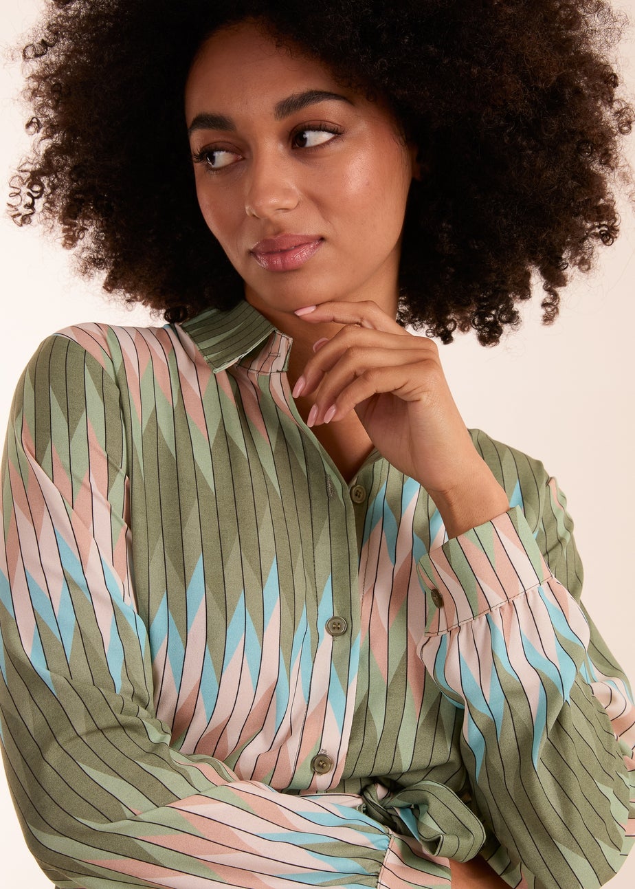 Blue Vanilla Khaki Zig Zag Print Shirt Dress