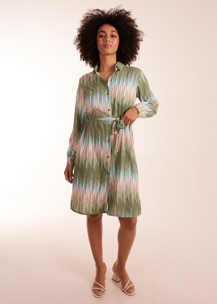 Blue Vanilla Khaki Zig Zag Print Shirt Dress