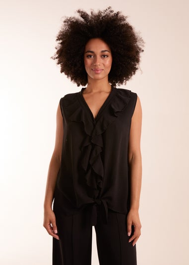 Blue Vanilla Black V Neck Ruffle Top with Knot