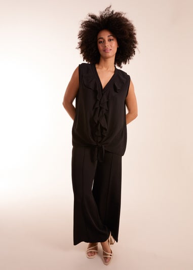 Blue Vanilla Black V Neck Ruffle Top with Knot