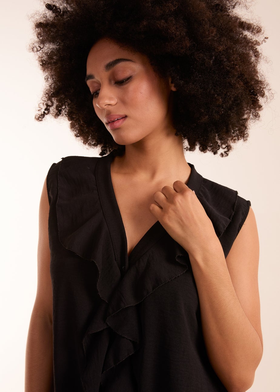 Blue Vanilla Black V Neck Ruffle Top with Knot