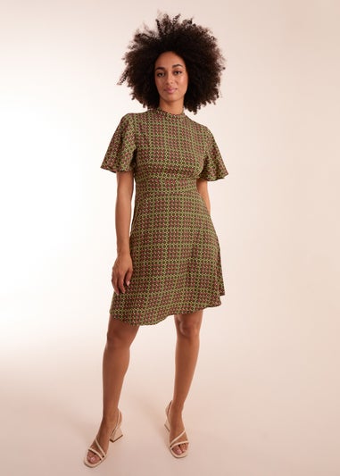 Blue Vanilla Green Geometric Print Angel Sleeve Dress