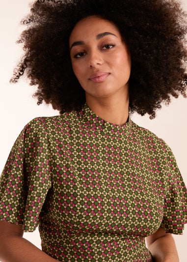 Blue Vanilla Green Geometric Print Angel Sleeve Dress