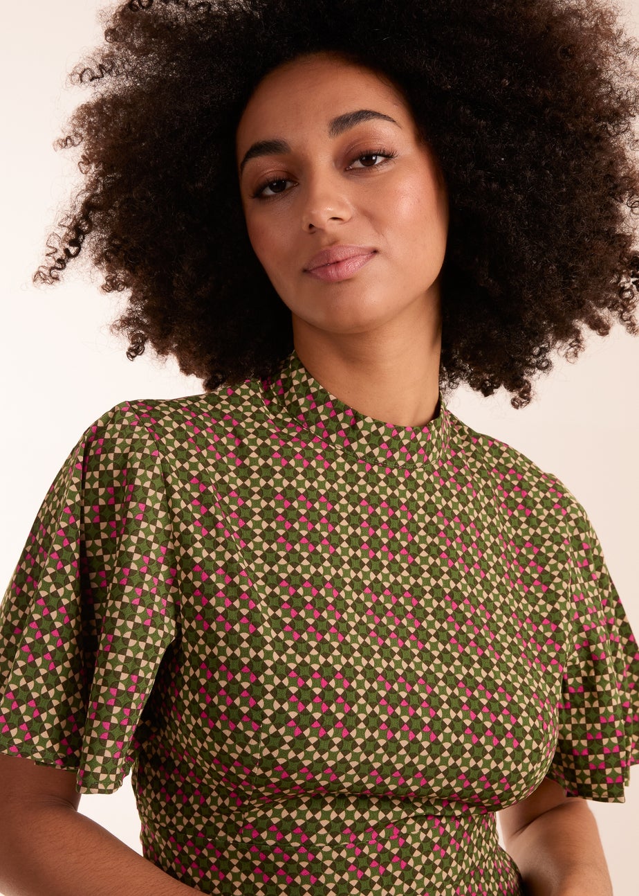 Blue Vanilla Green Geometric Print Angel Sleeve Dress