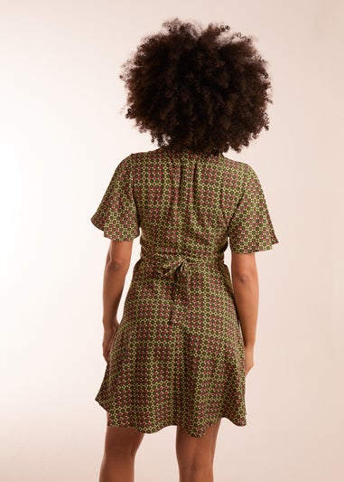 Blue Vanilla Green Geometric Print Angel Sleeve Dress