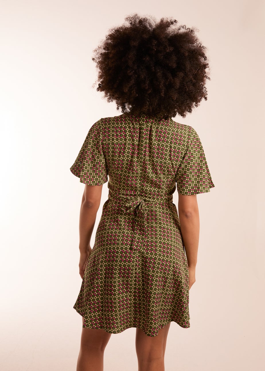 Blue Vanilla Green Geometric Print Angel Sleeve Dress