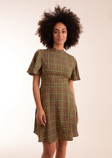 Blue Vanilla Green Geometric Print Angel Sleeve Dress