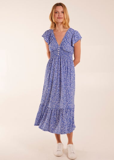 Blue Vanilla Blue Ditsy Floral V Neck Button Front Midi Dress