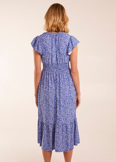 Blue Vanilla Blue Ditsy Floral V Neck Button Front Midi Dress