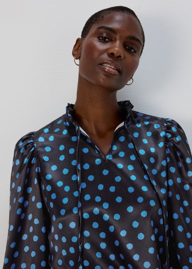 Black Blue Spot Tie Neck Frill Blouse