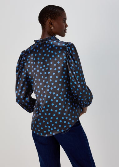 Black Blue Spot Tie Neck Frill Blouse
