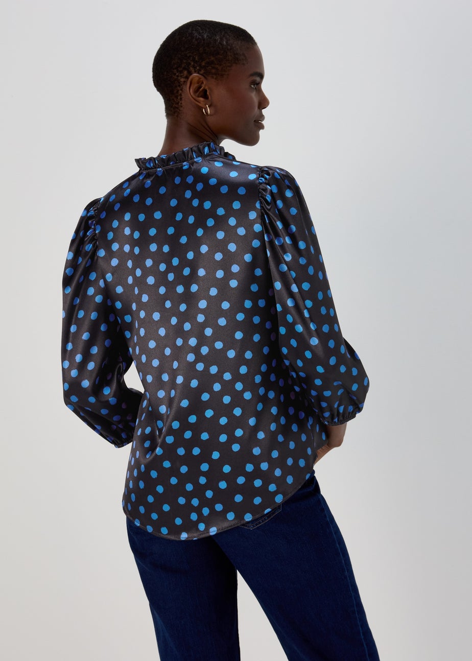 Black Blue Spot Tie Neck Frill Blouse