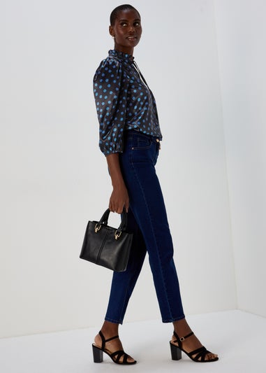 Black Blue Spot Tie Neck Frill Blouse