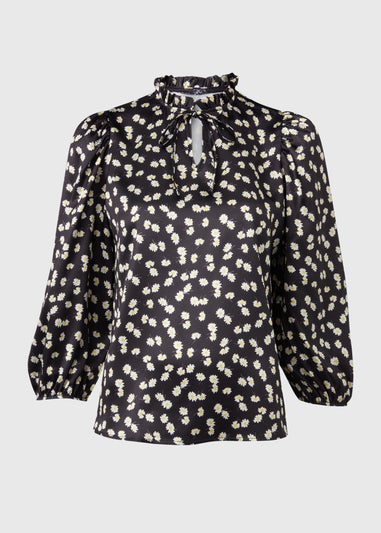 Black Daisy Print Tie Neck Frill Blouse