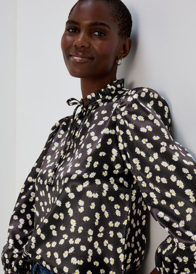 Black Daisy Print Tie Neck Frill Blouse