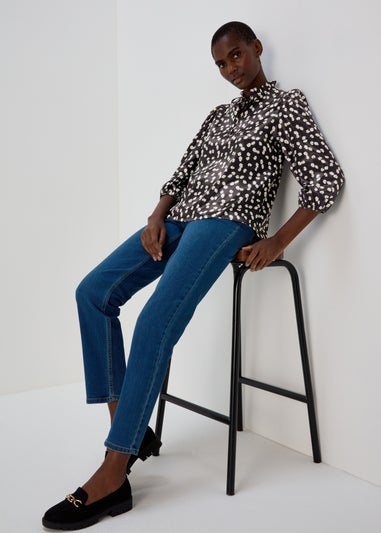 Black Daisy Print Tie Neck Frill Blouse