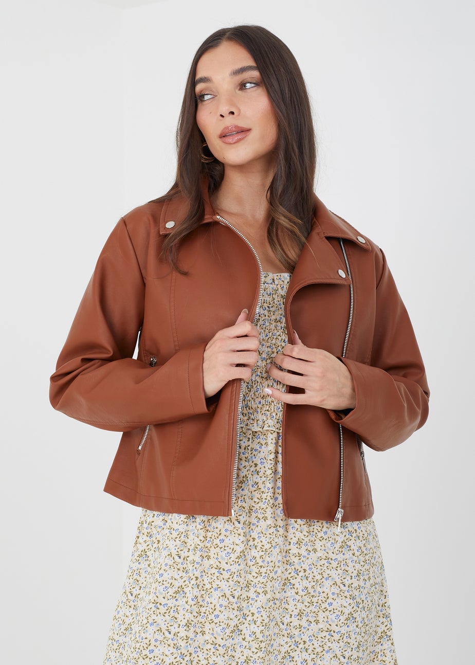 Brave Soul Tan High Shine PU Biker Jacket