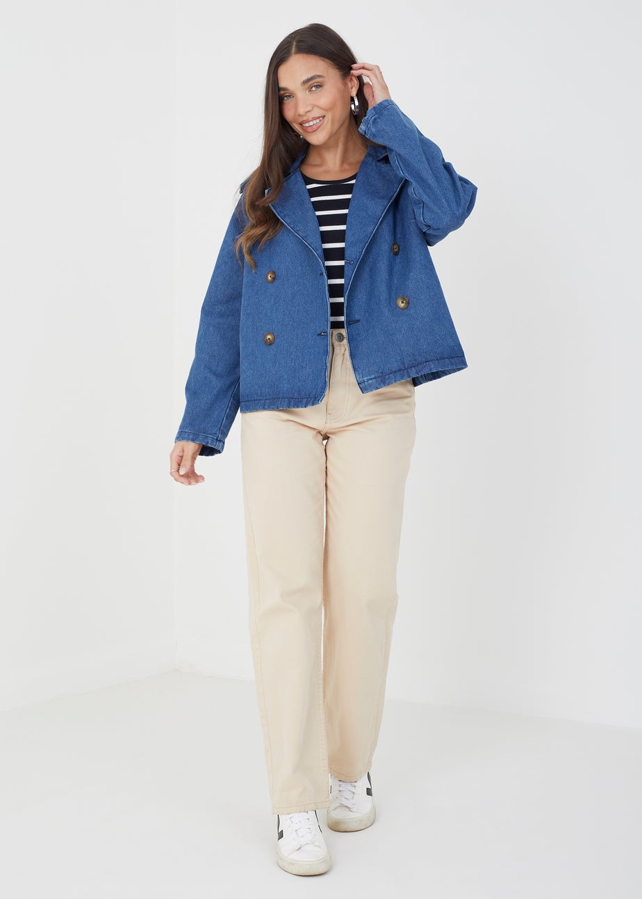 Brave Soul Blue Double Breasted Short Denim Trenchcoat