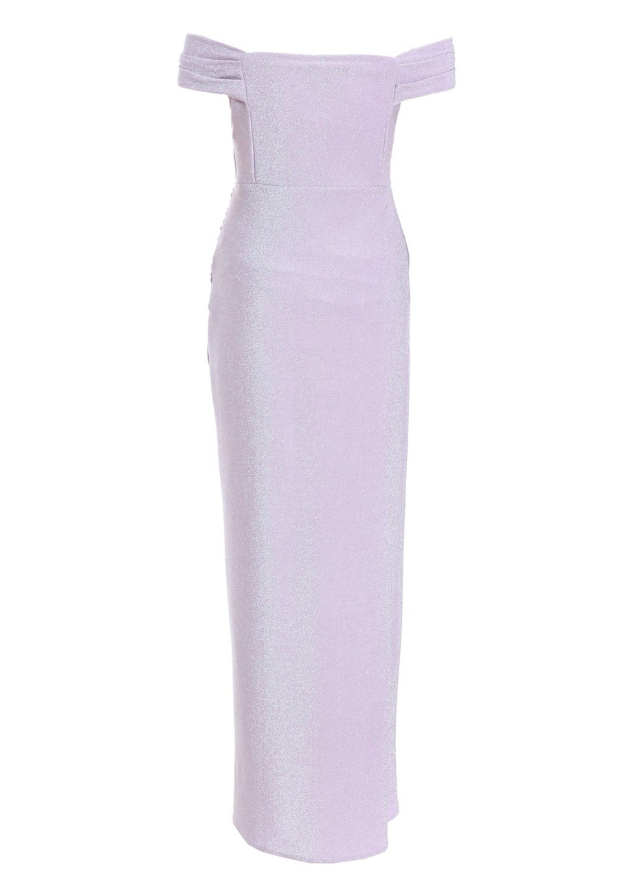 Quiz Purple Glitter Bardot Ruched Maxi Dress