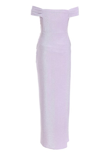Quiz Purple Glitter Bardot Ruched Maxi Dress