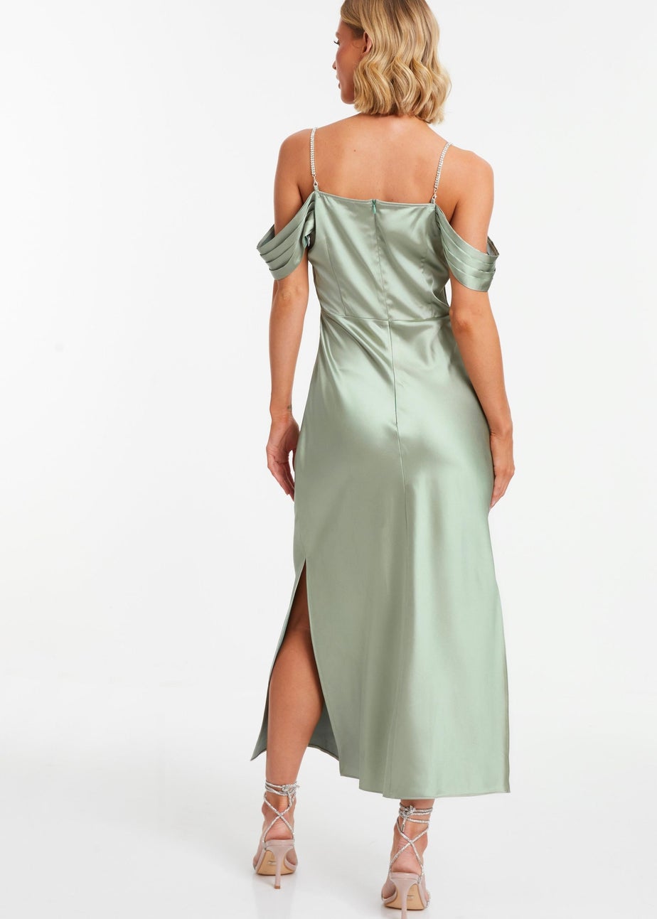 Quiz Green Satin Drop Shoulder Midaxi Dress