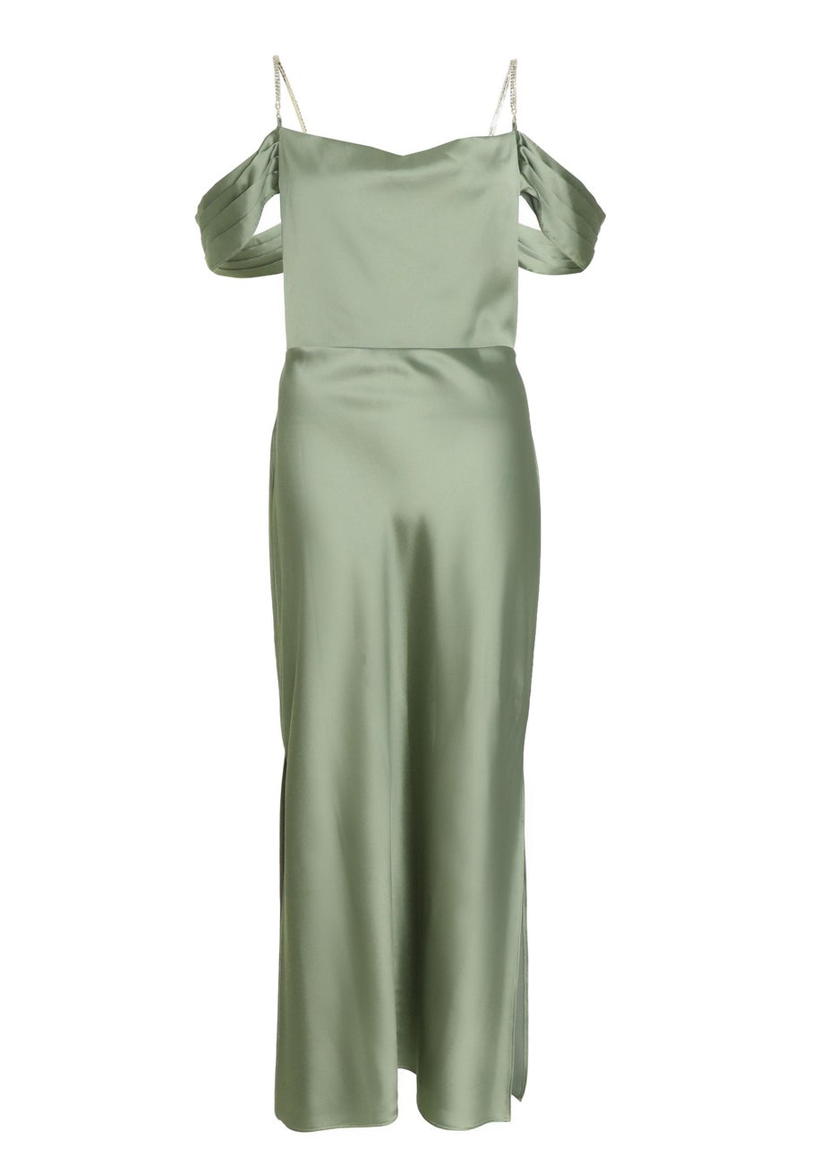 Quiz Green Satin Drop Shoulder Midaxi Dress