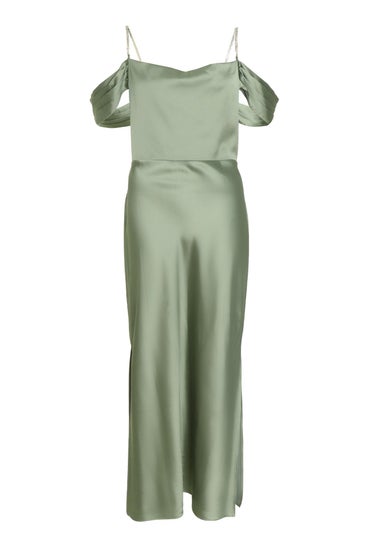 Quiz Green Satin Drop Shoulder Midaxi Dress