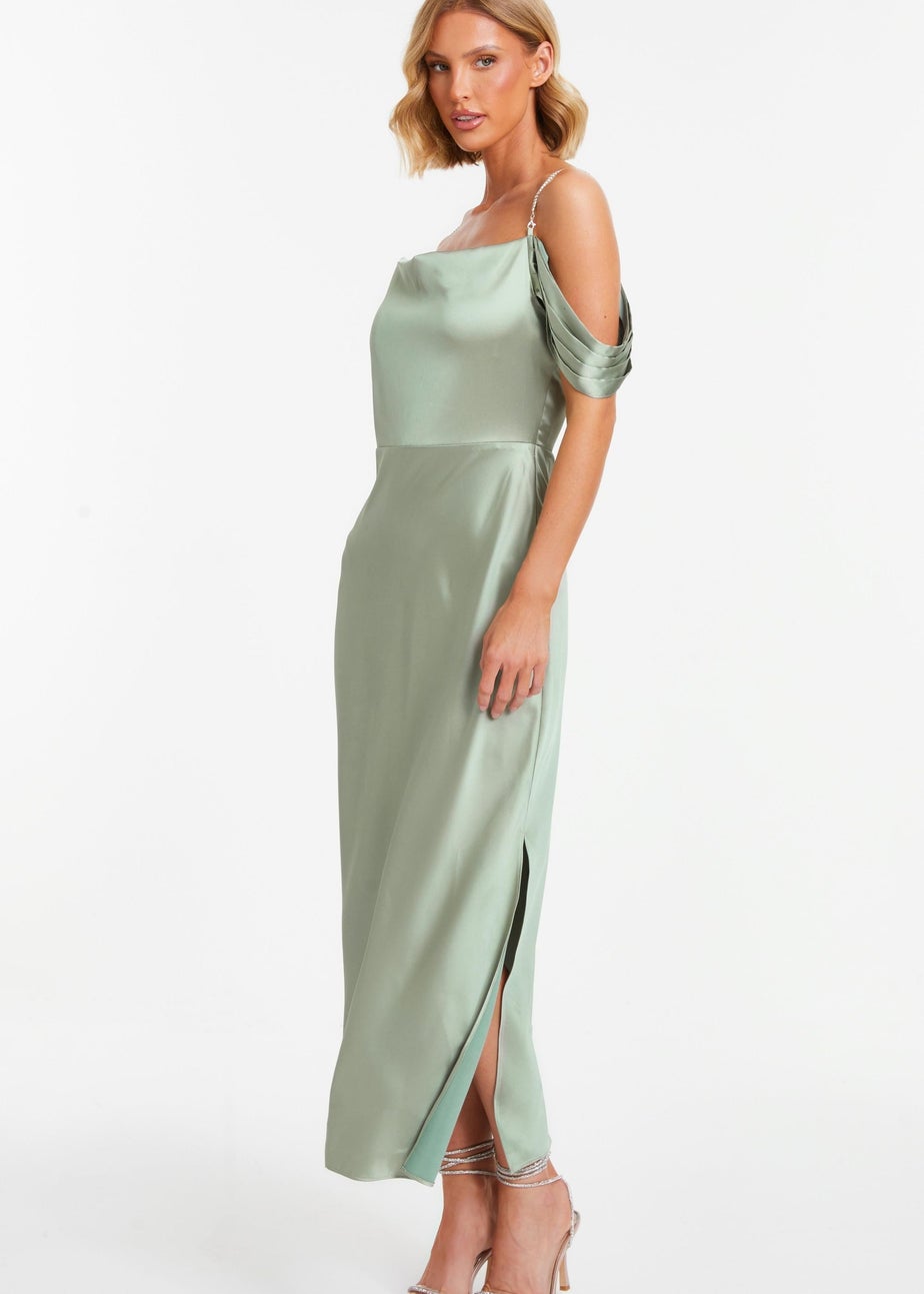 Quiz Green Satin Drop Shoulder Midaxi Dress
