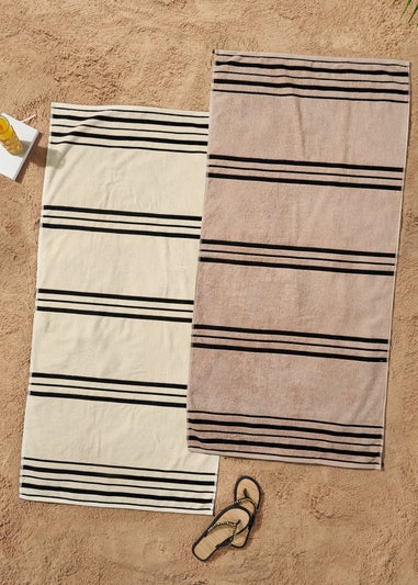 Catherine Lansfield Banded Stripe Cotton Beach Towel Pair