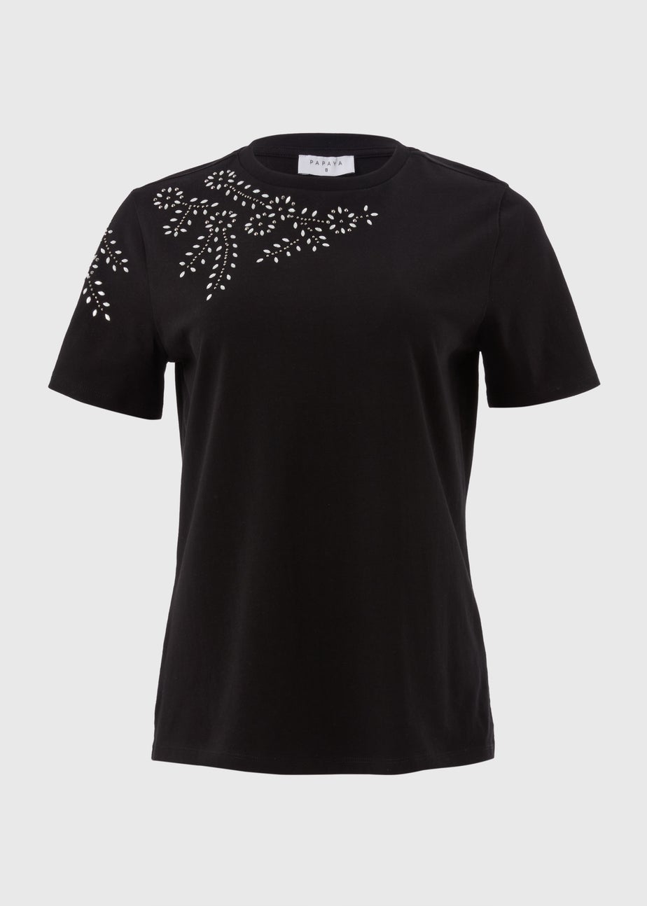 Black Shoulder Embellished T-Shirt