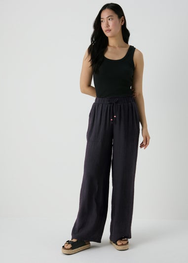 Black Textured Wide Leg Trousers
