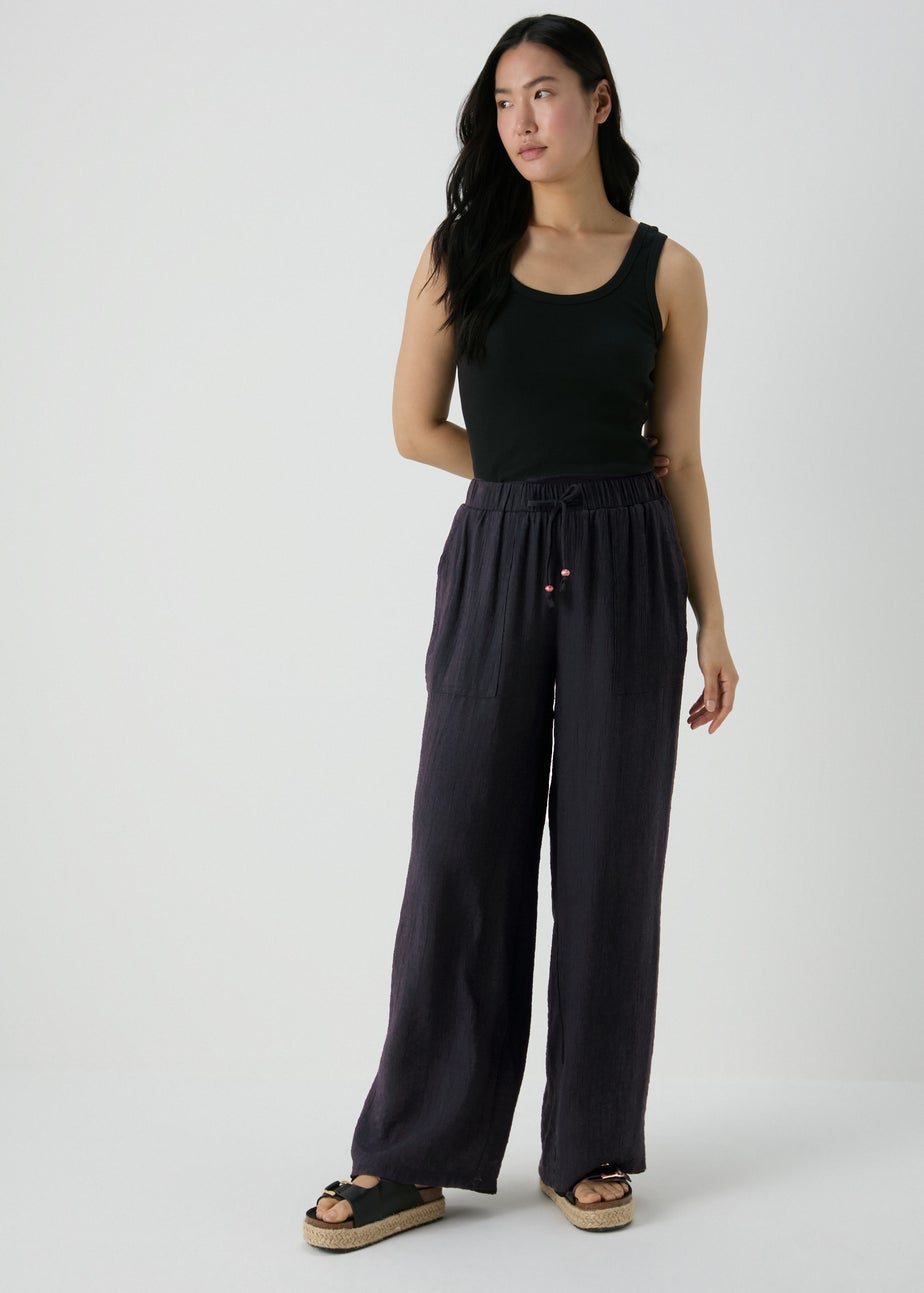 Black Textured Wide Leg Trousers