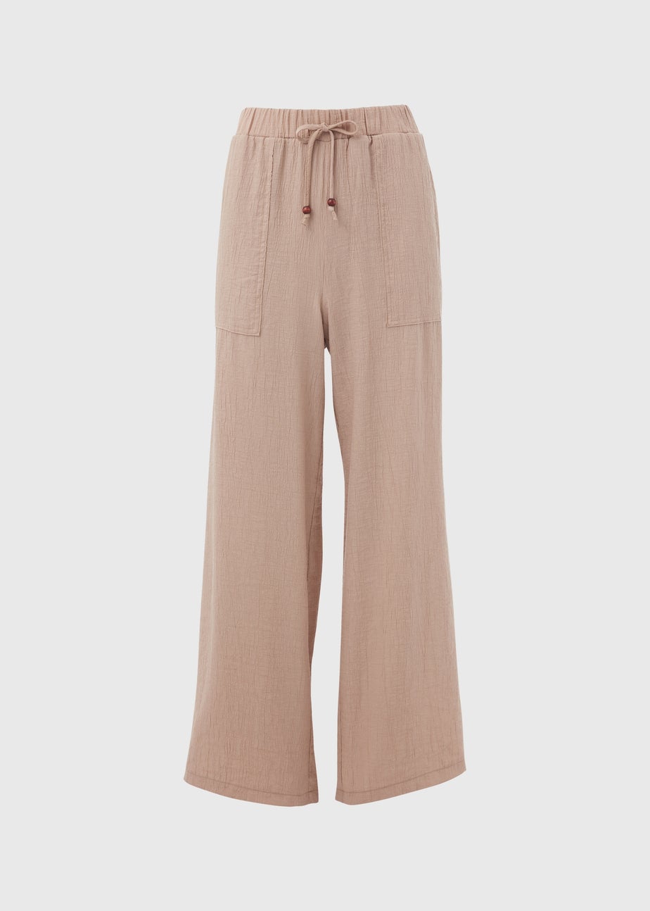 Beige Textured Wide Leg Trousers