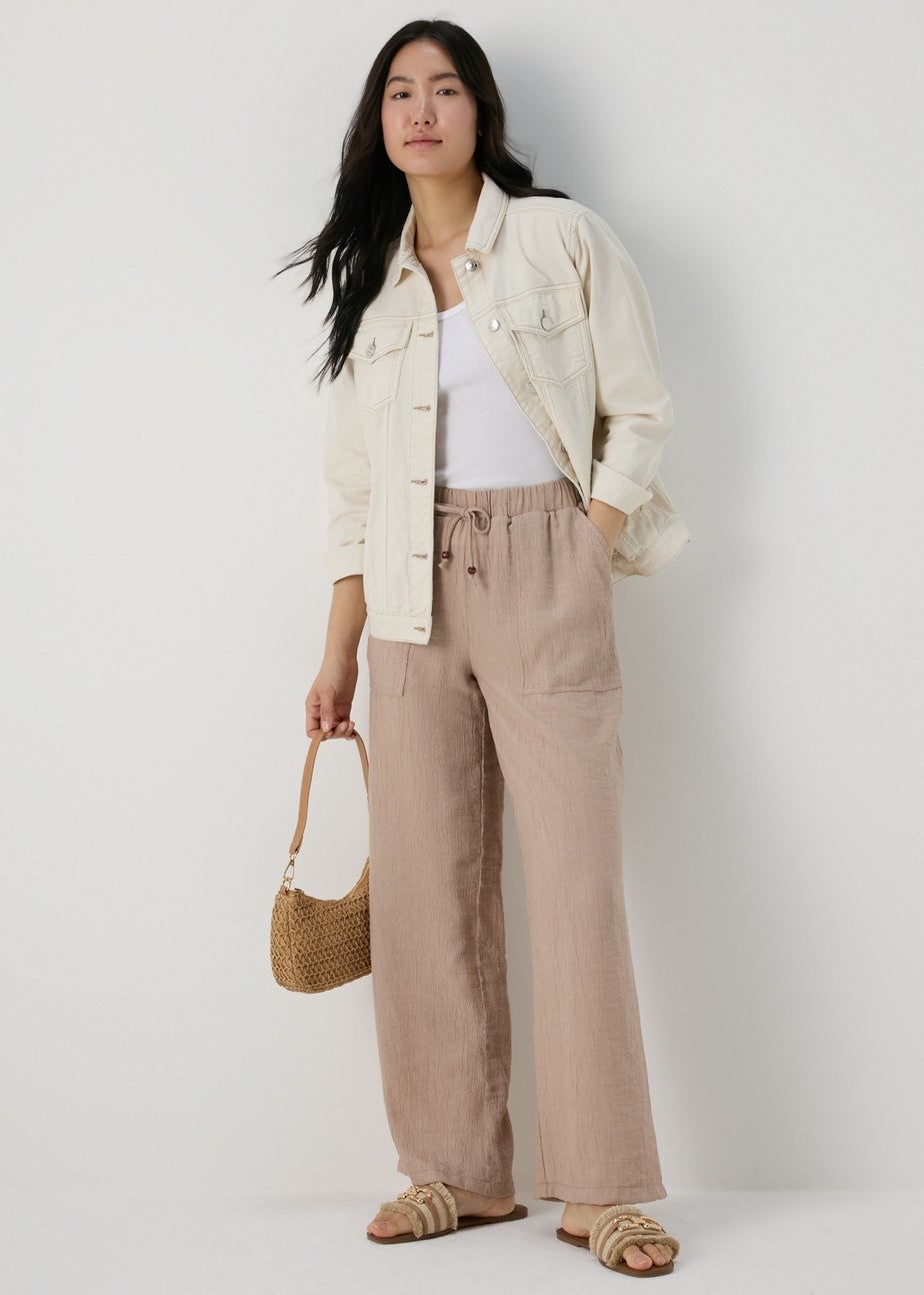 Beige Textured Wide Leg Trousers