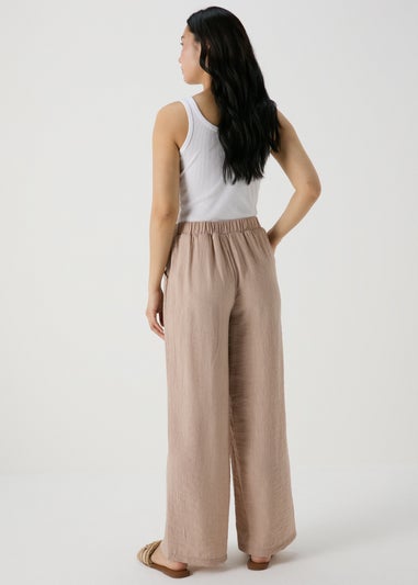 Beige Textured Wide Leg Trousers