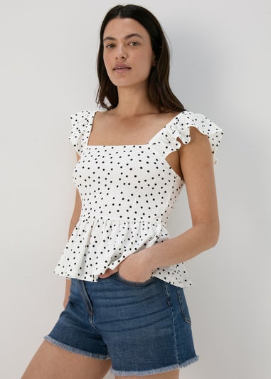 White Spot Print Ruffle Strap Cami Top