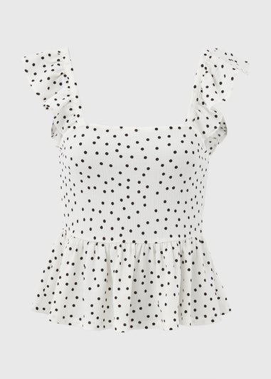White Spot Print Ruffle Strap Cami Top