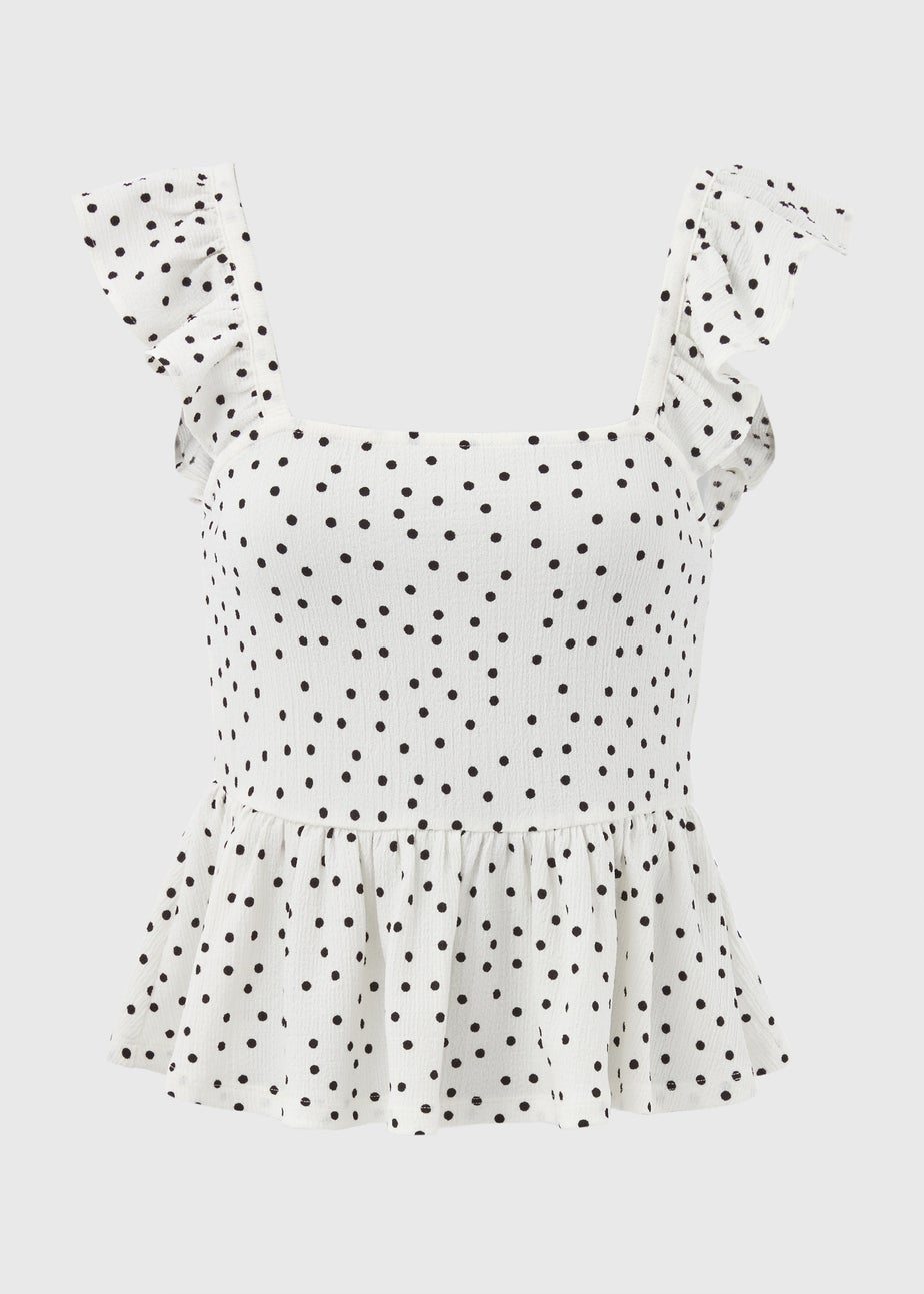 White Spot Print Ruffle Strap Cami Top
